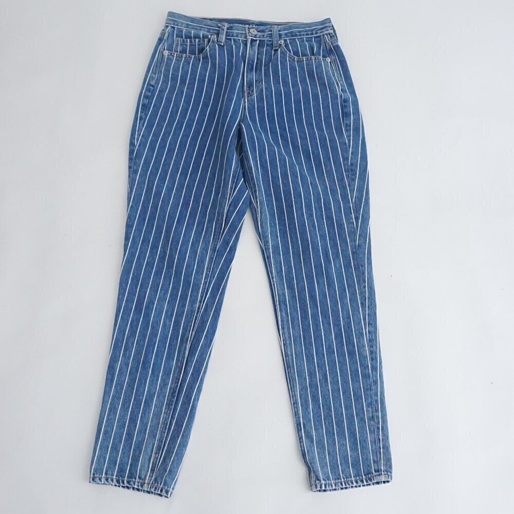American Eagle Blue White Stripe Straight Tapered Mom Denim Blue Jeans 2